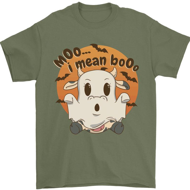 Moo I Mean Boo Funny Cow Halloween Mens T-Shirt 100% Cotton Military Green