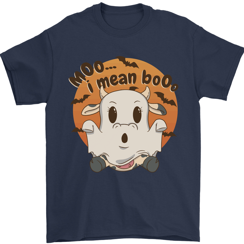 Moo I Mean Boo Funny Cow Halloween Mens T-Shirt 100% Cotton Navy Blue