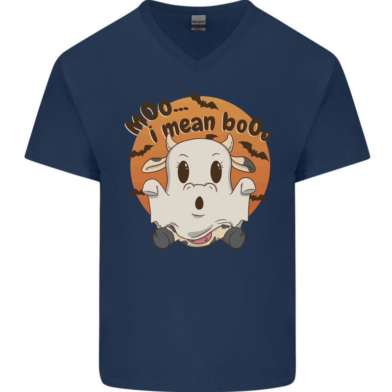 Moo I Mean Boo Funny Cow Halloween Mens V-Neck Cotton T-Shirt Navy Blue