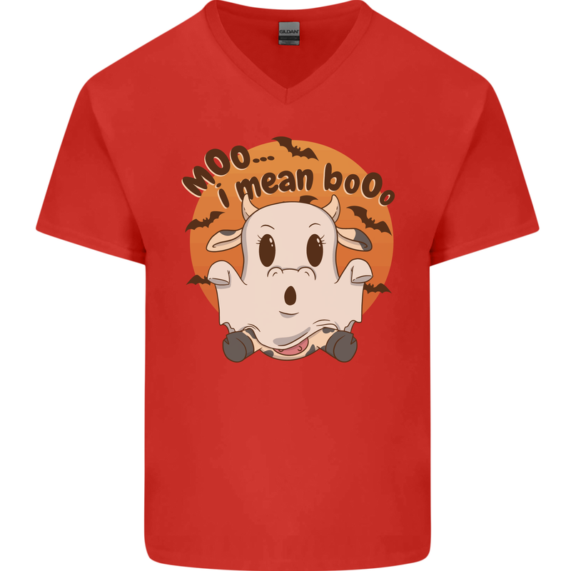 Moo I Mean Boo Funny Cow Halloween Mens V-Neck Cotton T-Shirt Red