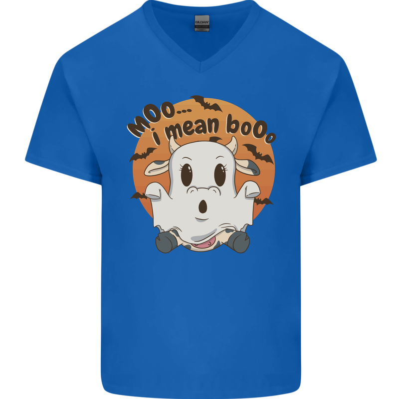 Moo I Mean Boo Funny Cow Halloween Mens V-Neck Cotton T-Shirt Royal Blue