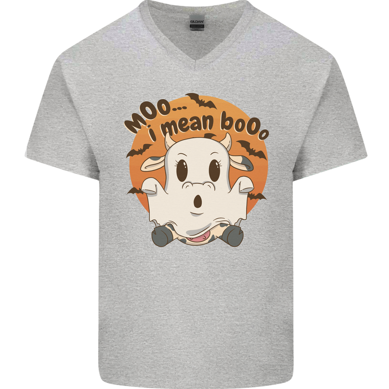 Moo I Mean Boo Funny Cow Halloween Mens V-Neck Cotton T-Shirt Sports Grey