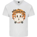 Moo I Mean Boo Funny Cow Halloween Mens V-Neck Cotton T-Shirt White