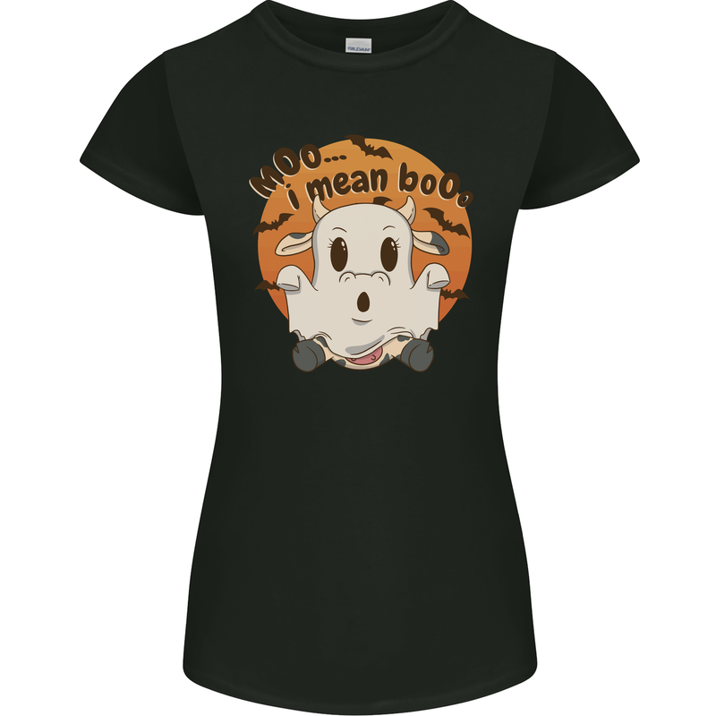 Moo I Mean Boo Funny Cow Halloween Womens Petite Cut T-Shirt Black