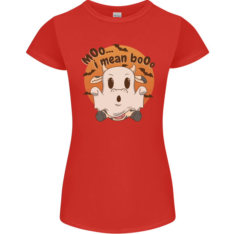 Moo I Mean Boo Funny Cow Halloween Womens Petite Cut T-Shirt Red