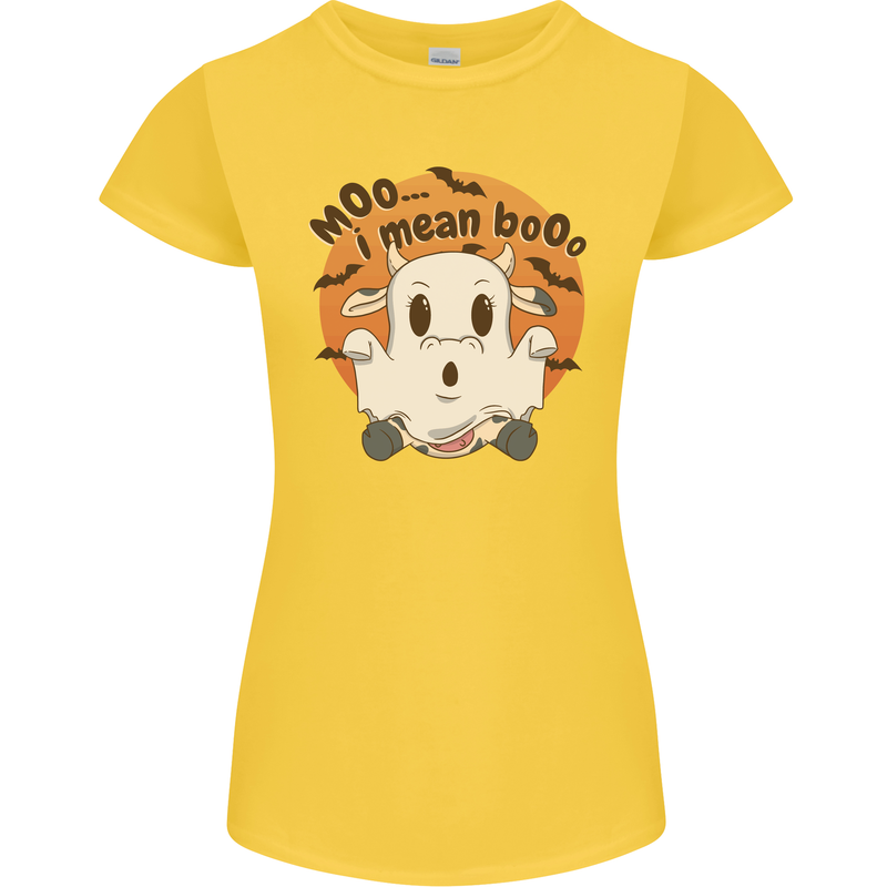 Moo I Mean Boo Funny Cow Halloween Womens Petite Cut T-Shirt Yellow