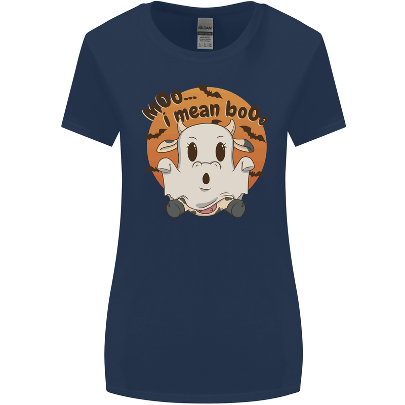 Moo I Mean Boo Funny Cow Halloween Womens Wider Cut T-Shirt Navy Blue