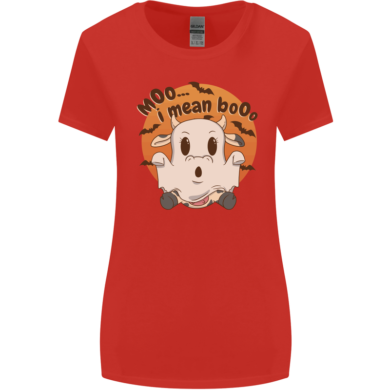 Moo I Mean Boo Funny Cow Halloween Womens Wider Cut T-Shirt Red