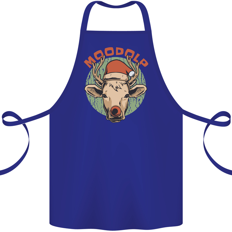 Moodolf Funny Rudolf Christmas Cow Cotton Apron 100% Organic Royal Blue