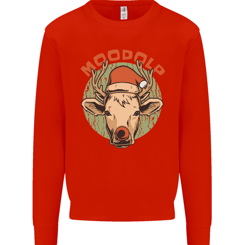 Moodolf Funny Rudolf Christmas Cow Kids Sweatshirt Jumper Bright Red