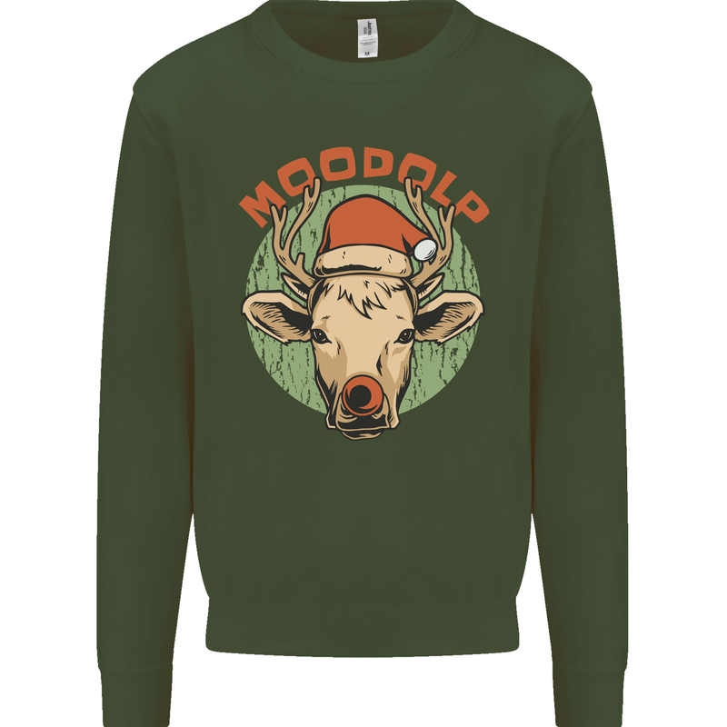 Moodolf Funny Rudolf Christmas Cow Kids Sweatshirt Jumper Forest Green