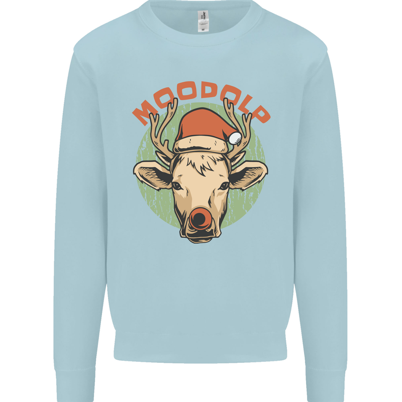 Moodolf Funny Rudolf Christmas Cow Kids Sweatshirt Jumper Light Blue