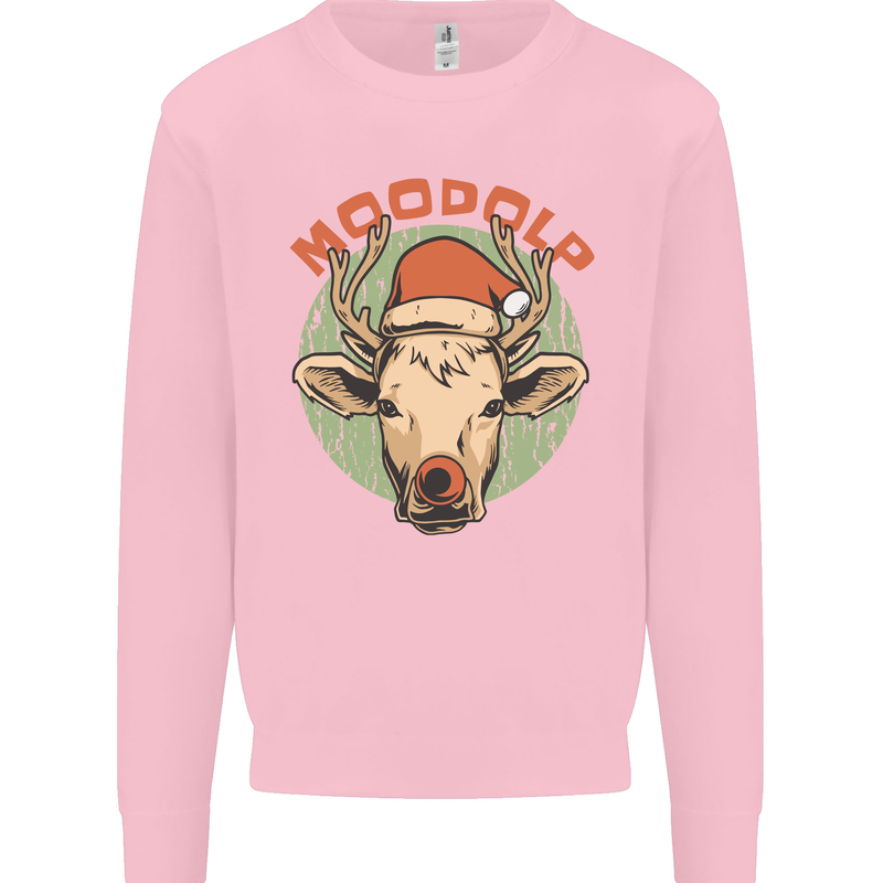 Moodolf Funny Rudolf Christmas Cow Kids Sweatshirt Jumper Light Pink