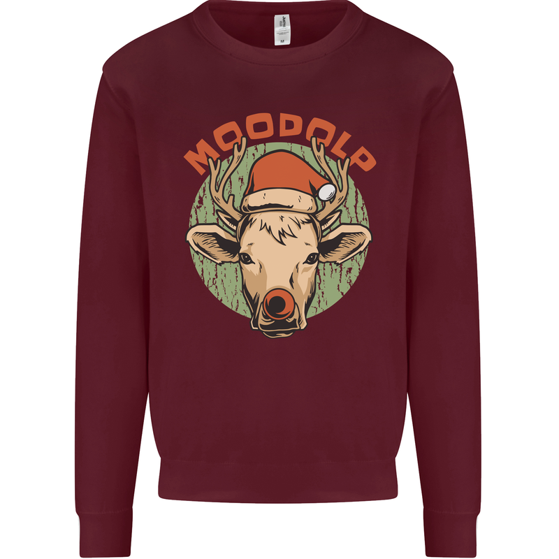Moodolf Funny Rudolf Christmas Cow Kids Sweatshirt Jumper Maroon