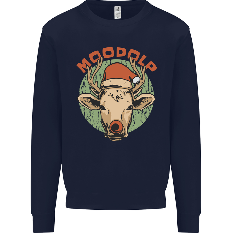 Moodolf Funny Rudolf Christmas Cow Kids Sweatshirt Jumper Navy Blue