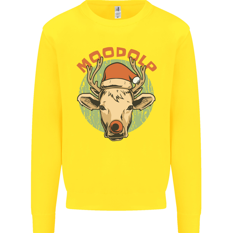 Moodolf Funny Rudolf Christmas Cow Kids Sweatshirt Jumper Yellow