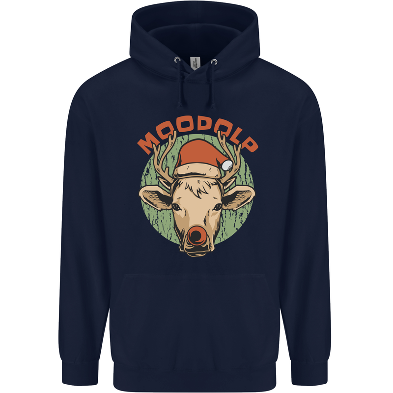 Moodolf Funny Rudolf Christmas Cow Mens 80% Cotton Hoodie Navy Blue