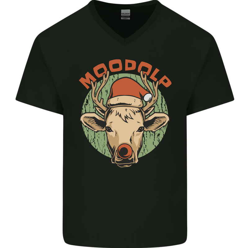 Moodolf Funny Rudolf Christmas Cow Mens V-Neck Cotton T-Shirt Black