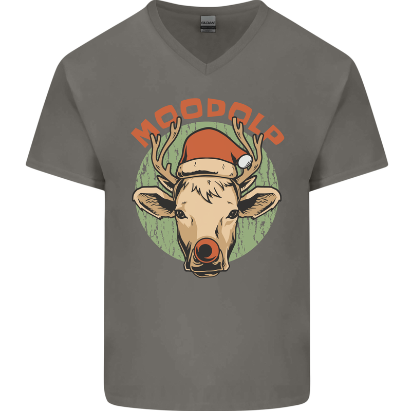 Moodolf Funny Rudolf Christmas Cow Mens V-Neck Cotton T-Shirt Charcoal