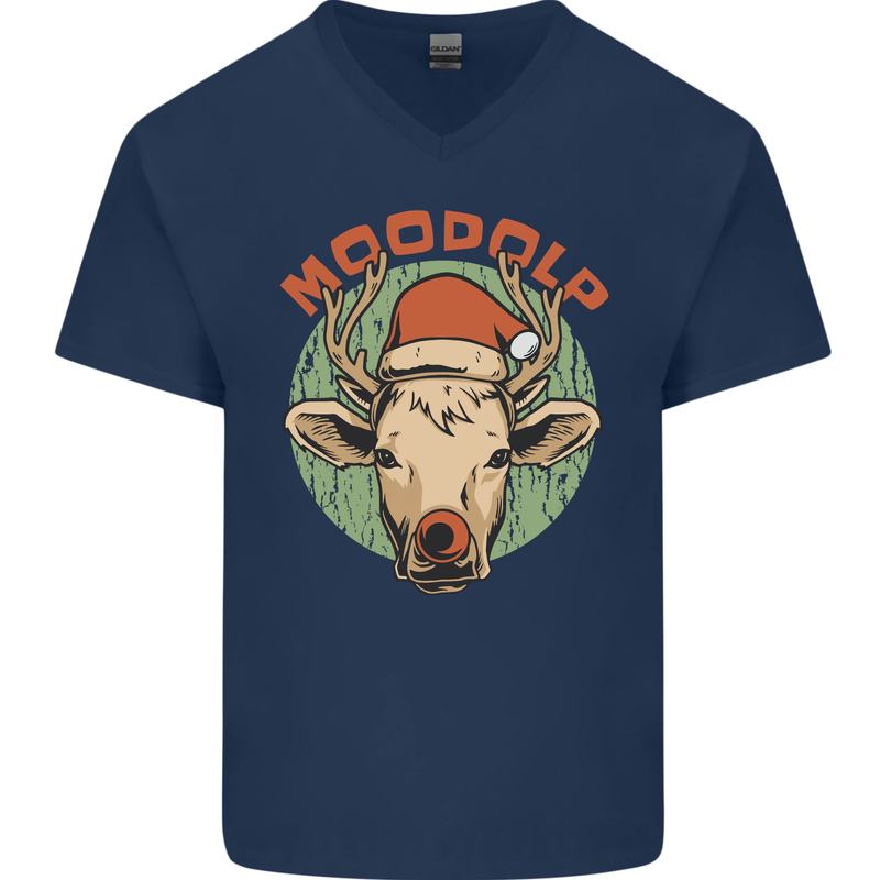 Moodolf Funny Rudolf Christmas Cow Mens V-Neck Cotton T-Shirt Navy Blue