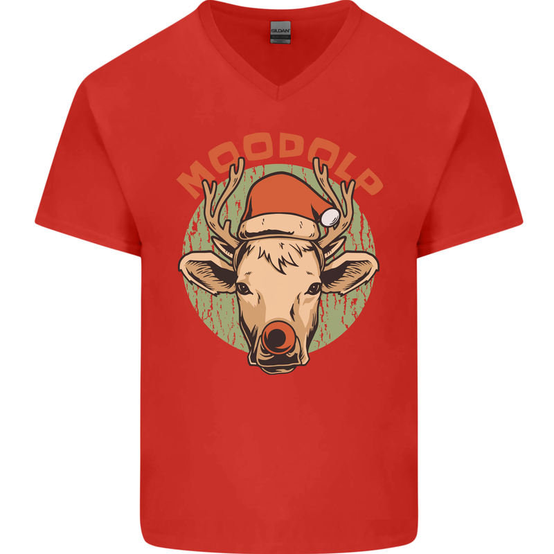 Moodolf Funny Rudolf Christmas Cow Mens V-Neck Cotton T-Shirt Red
