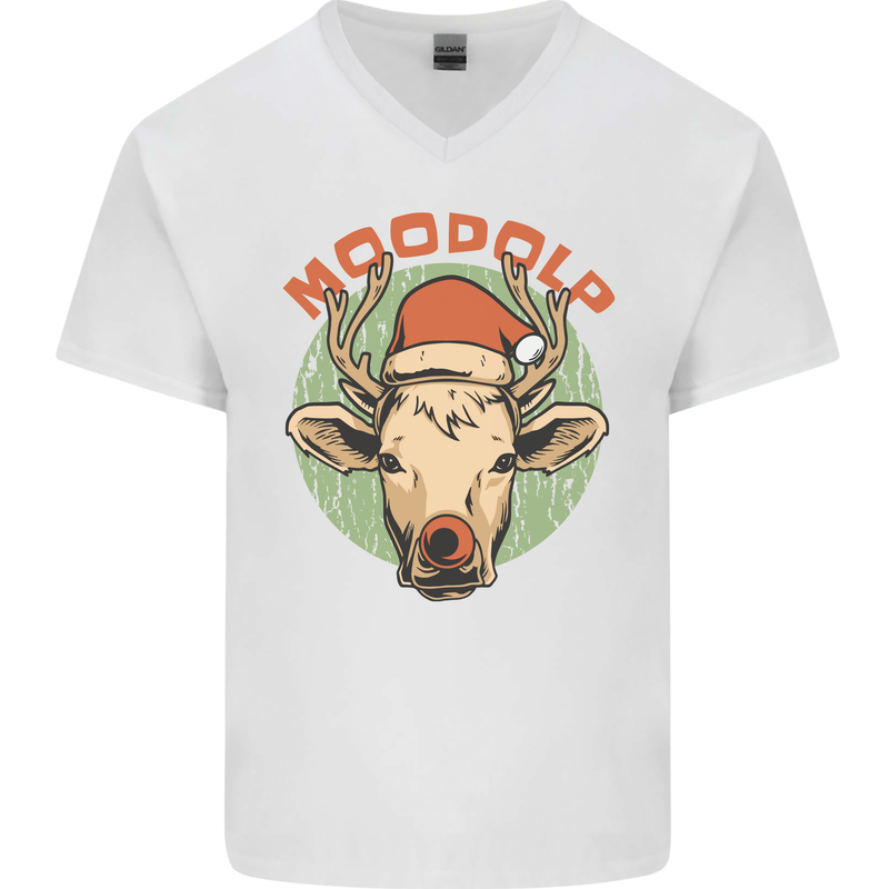 Moodolf Funny Rudolf Christmas Cow Mens V-Neck Cotton T-Shirt White