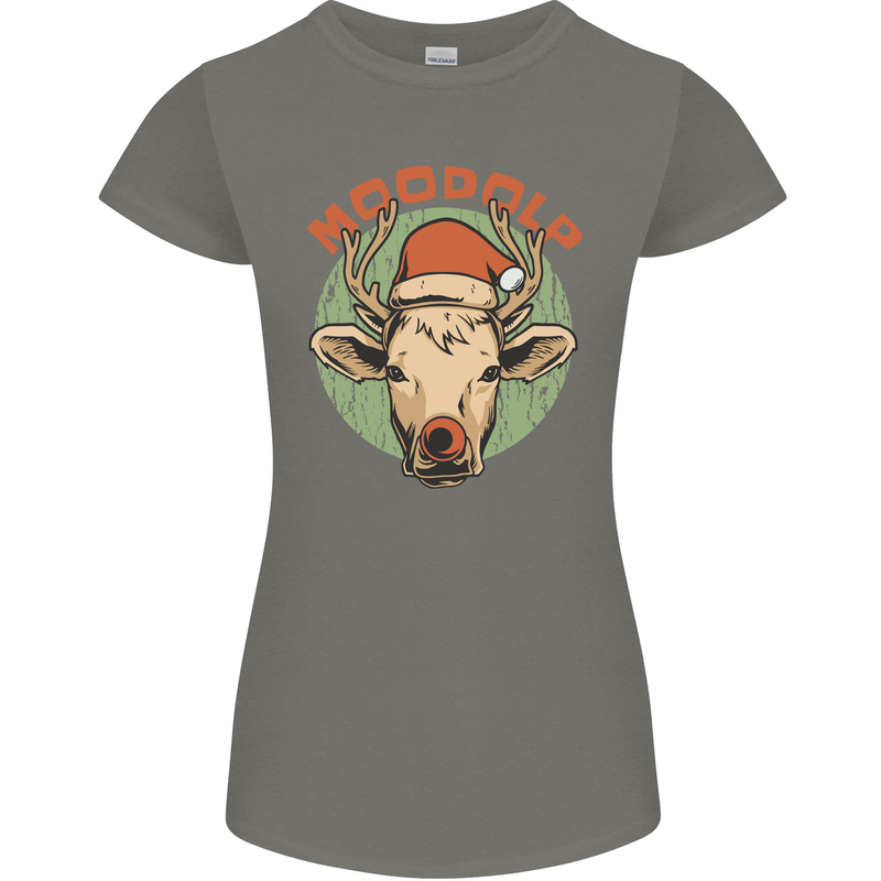 Moodolf Funny Rudolf Christmas Cow Womens Petite Cut T-Shirt Charcoal