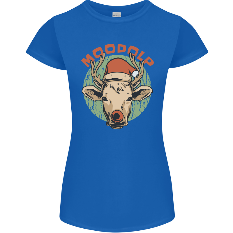 Moodolf Funny Rudolf Christmas Cow Womens Petite Cut T-Shirt Royal Blue