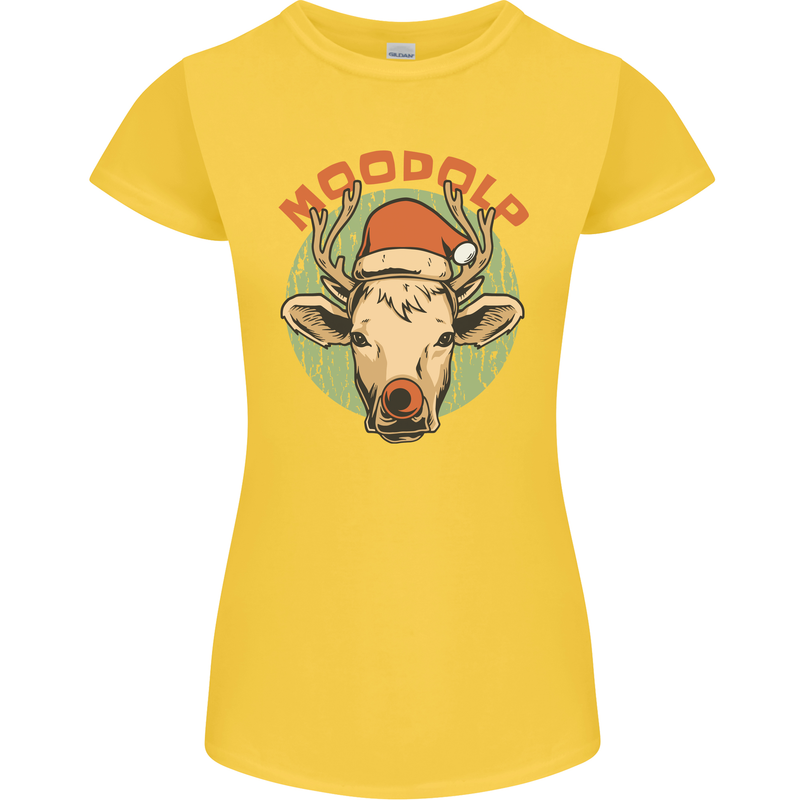 Moodolf Funny Rudolf Christmas Cow Womens Petite Cut T-Shirt Yellow