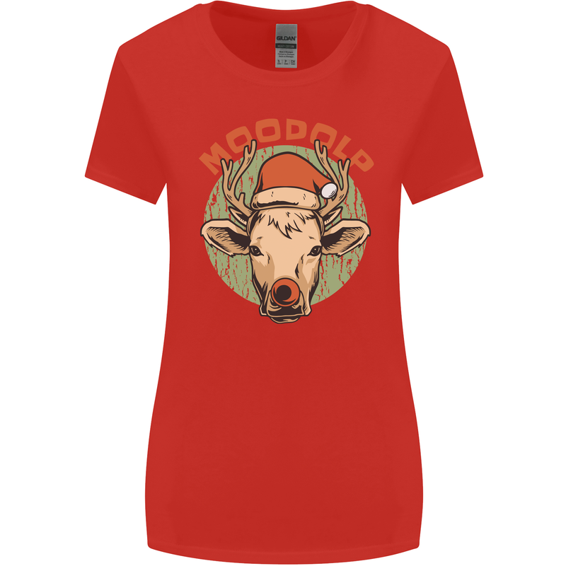 Moodolf Funny Rudolf Christmas Cow Womens Wider Cut T-Shirt Red