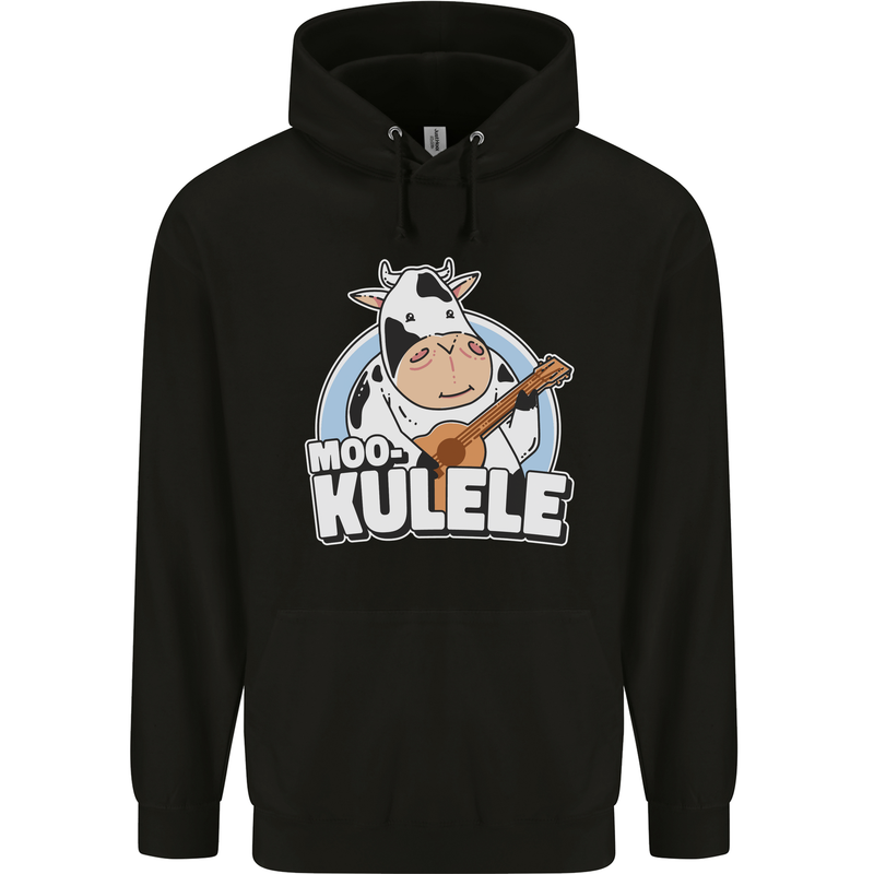 Mookulele Funny Cow Playing Ukulele Guitar Childrens Kids Hoodie Black