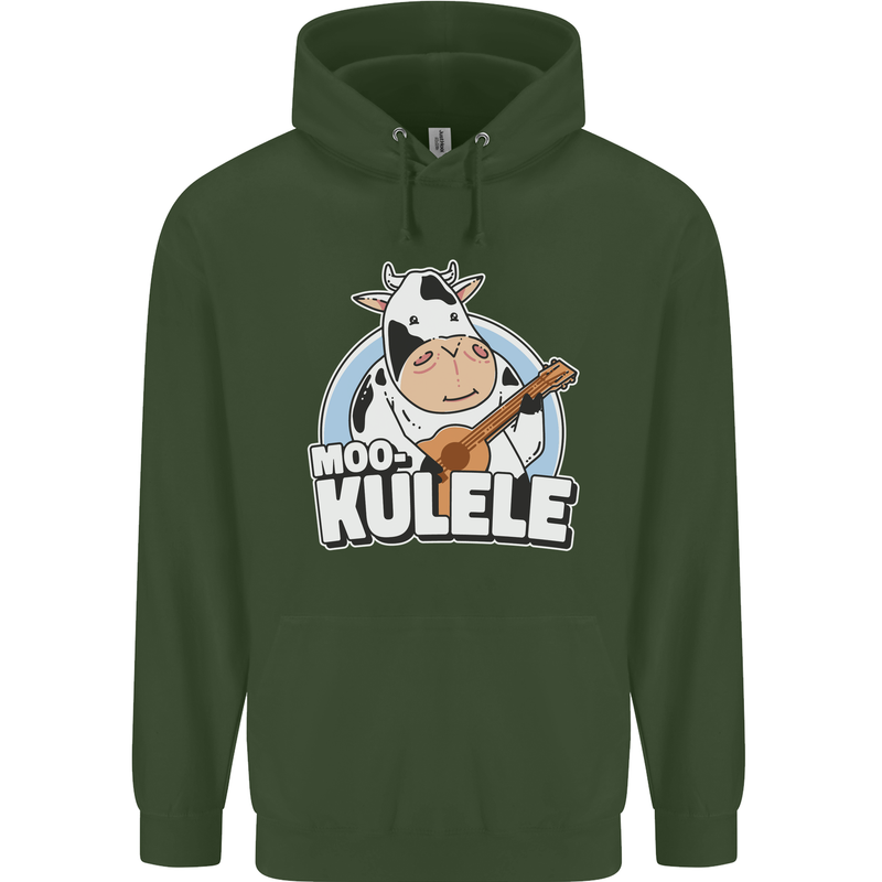 Mookulele Funny Cow Playing Ukulele Guitar Childrens Kids Hoodie Forest Green