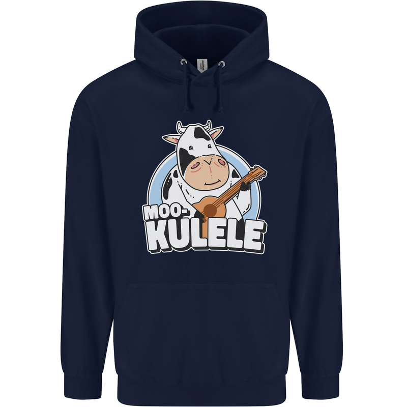 Mookulele Funny Cow Playing Ukulele Guitar Childrens Kids Hoodie Navy Blue