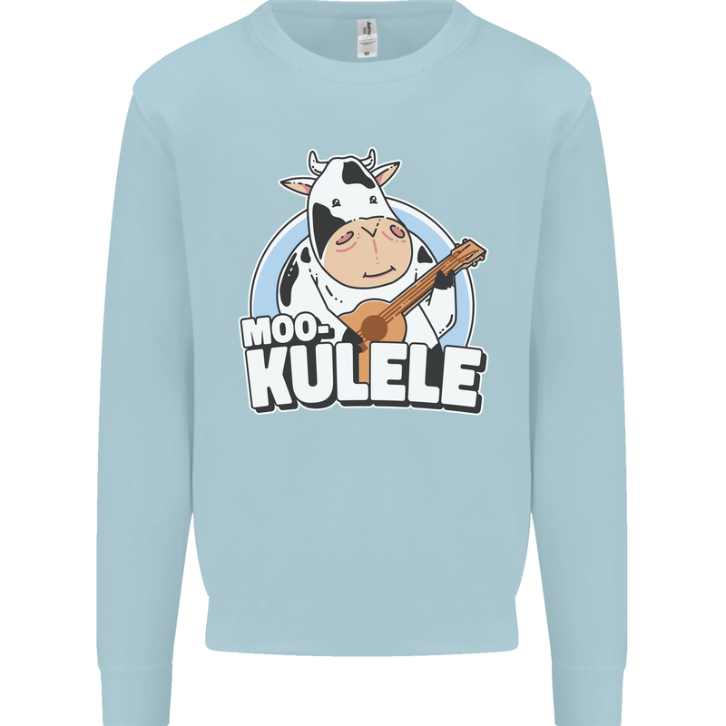 Mookulele Funny Cow Playing Ukulele Guitar Kids Sweatshirt Jumper Light Blue