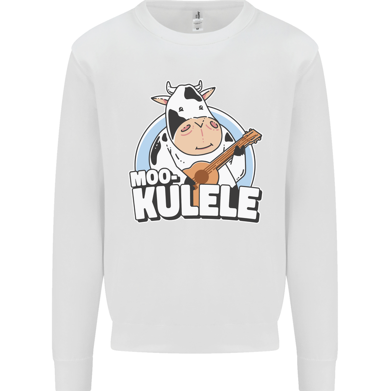 Mookulele Funny Cow Playing Ukulele Guitar Kids Sweatshirt Jumper White