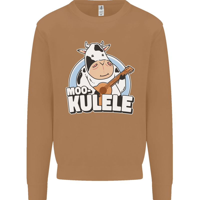 Mookulele Funny Cow Playing Ukulele Guitar Mens Sweatshirt Jumper Caramel Latte