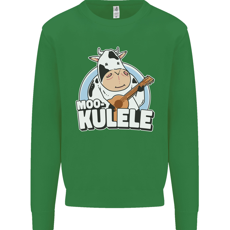Mookulele Funny Cow Playing Ukulele Guitar Mens Sweatshirt Jumper Irish Green