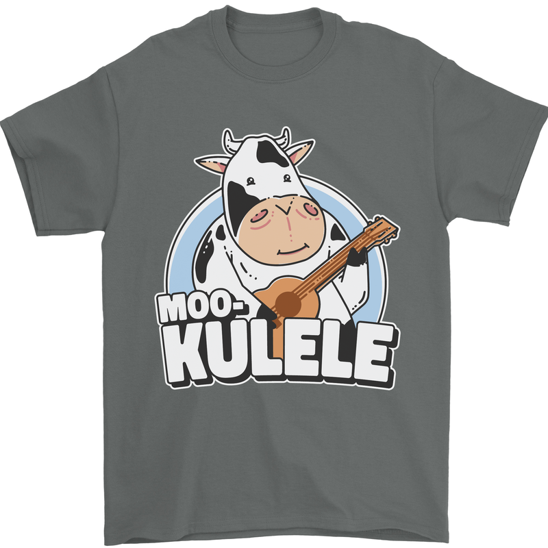 Mookulele Funny Cow Playing Ukulele Guitar Mens T-Shirt Cotton Gildan Charcoal