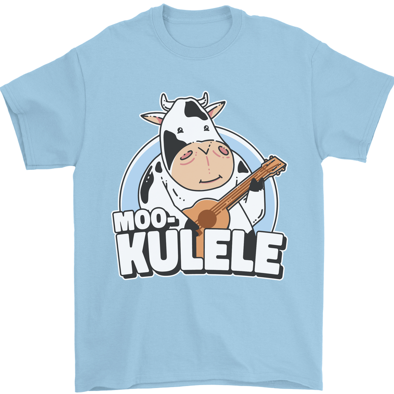 Mookulele Funny Cow Playing Ukulele Guitar Mens T-Shirt Cotton Gildan Light Blue