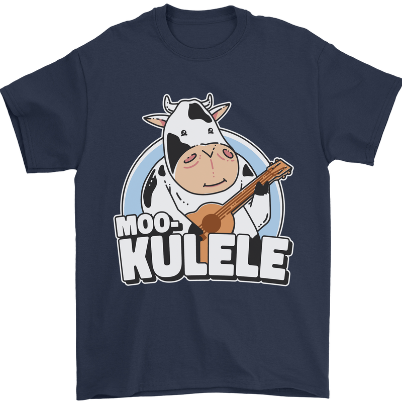 Mookulele Funny Cow Playing Ukulele Guitar Mens T-Shirt Cotton Gildan Navy Blue