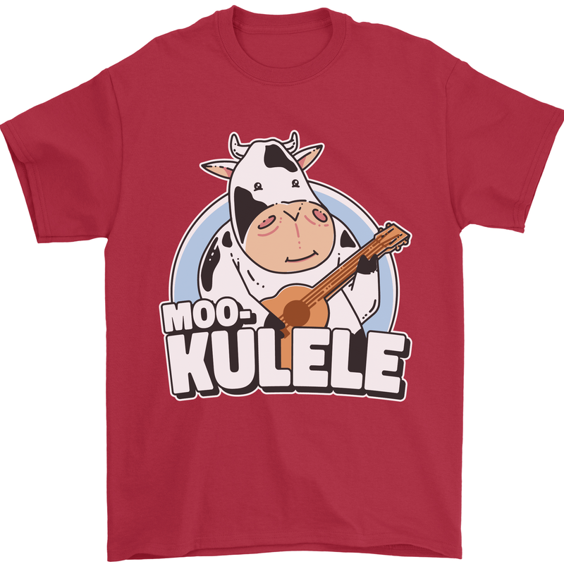 Mookulele Funny Cow Playing Ukulele Guitar Mens T-Shirt Cotton Gildan Red