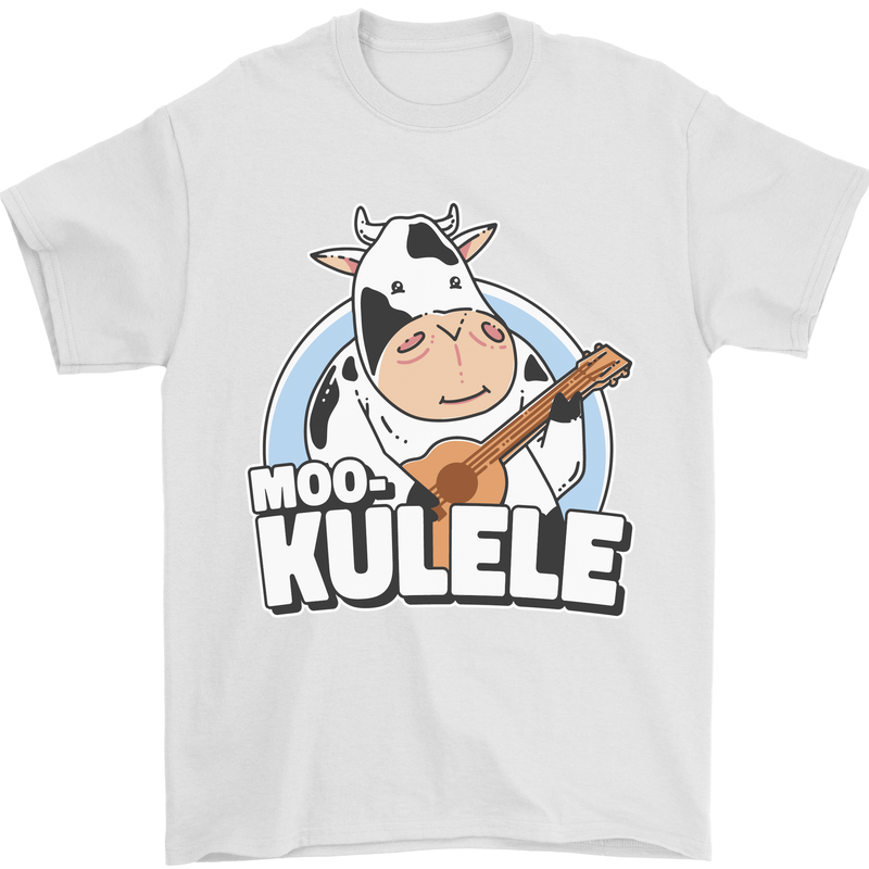 Mookulele Funny Cow Playing Ukulele Guitar Mens T-Shirt Cotton Gildan White