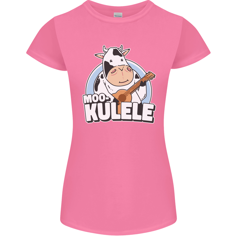 Mookulele Funny Cow Playing Ukulele Guitar Womens Petite Cut T-Shirt Azalea