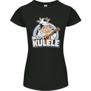 Mookulele Funny Cow Playing Ukulele Guitar Womens Petite Cut T-Shirt Black