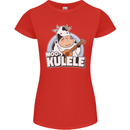Mookulele Funny Cow Playing Ukulele Guitar Womens Petite Cut T-Shirt Red