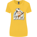 Mookulele Funny Cow Playing Ukulele Guitar Womens Wider Cut T-Shirt Yellow