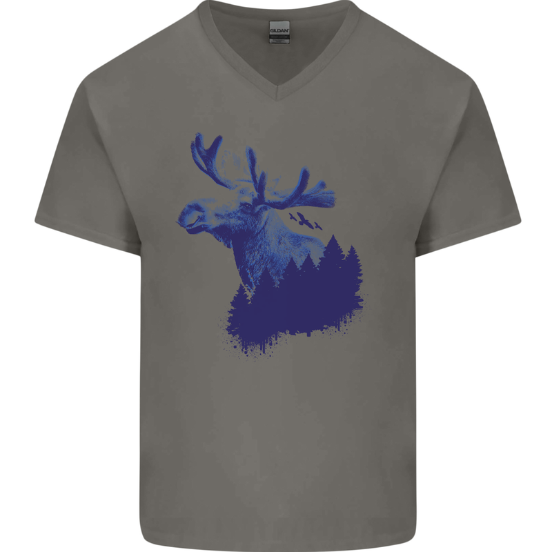 Moose Forest Ecology Environment Mens V-Neck Cotton T-Shirt Charcoal