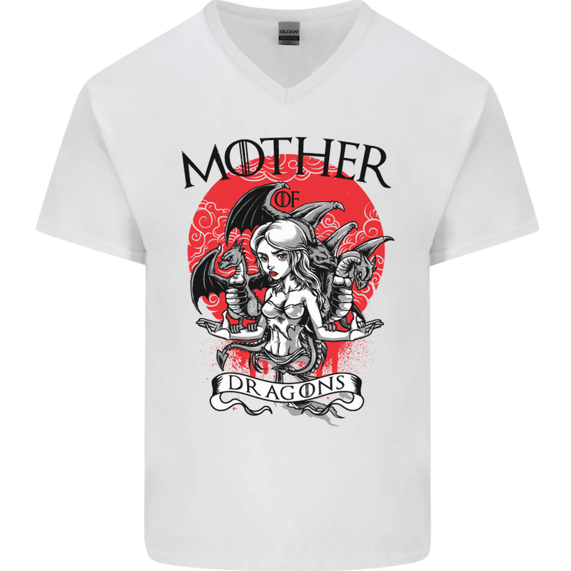 Mother of Dragons GOT Mens V-Neck Cotton T-Shirt White