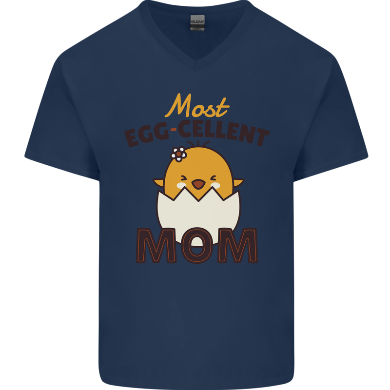 Mother's Day Easter Most Egg-cellent Mom Mens V-Neck Cotton T-Shirt Navy Blue