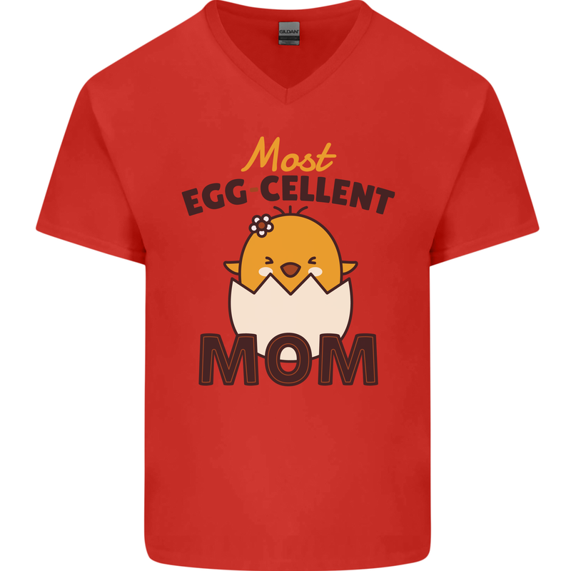 Mother's Day Easter Most Egg-cellent Mom Mens V-Neck Cotton T-Shirt Red